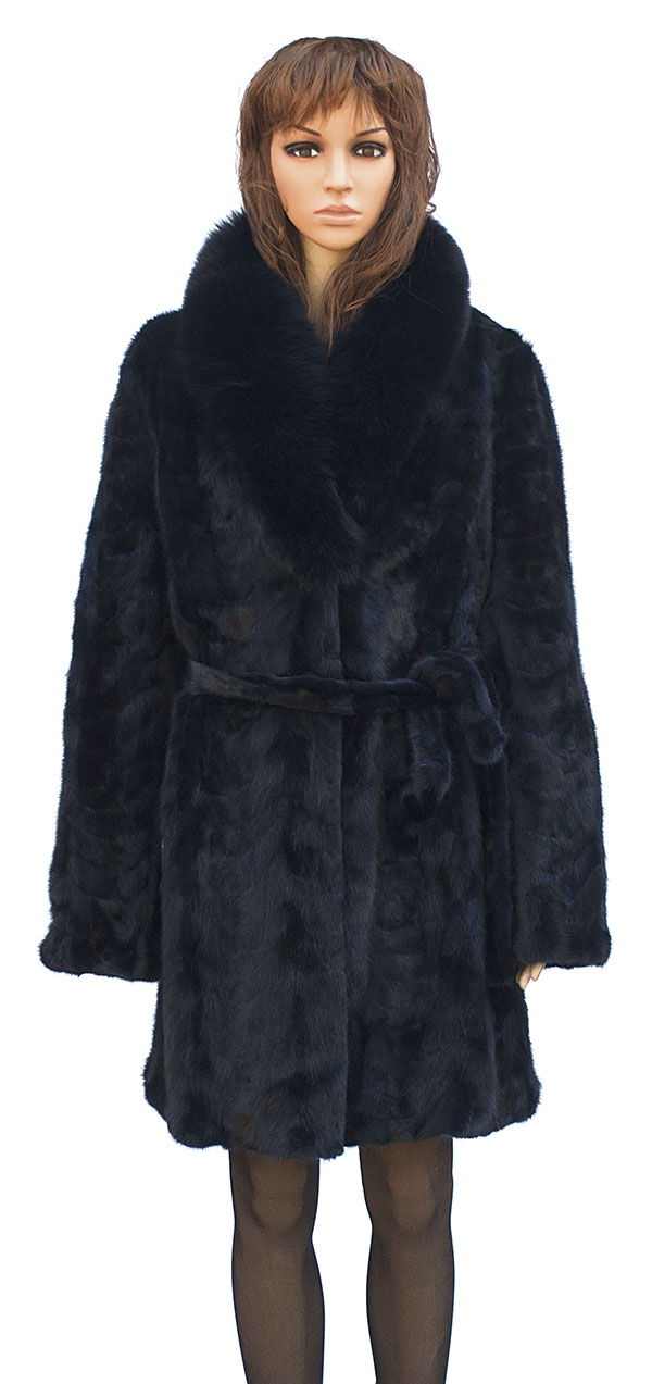 Winter Fur Ladies Navy Mink Front Paws 3/4 Coat With Fox Collar And Belt W69Q06NV